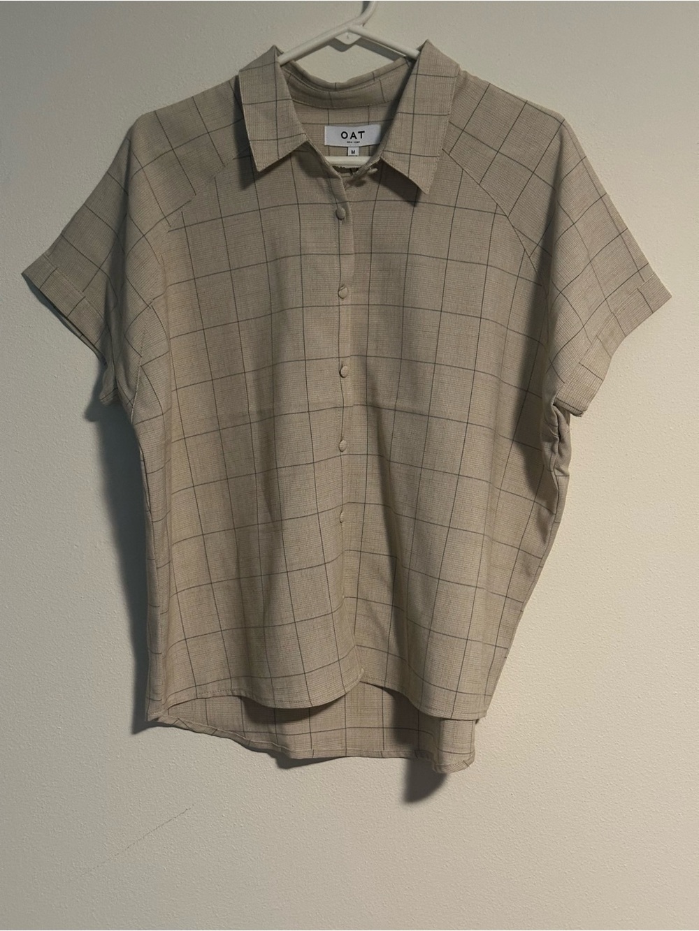 OAT New York Womens M Beige Plaid Button Down Short Sleeve Shirt Top NWT